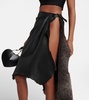 Draped high-rise leather and shearling midi skirt