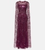 Ruby caped sequined gown