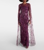 Ruby caped sequined gown