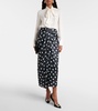 Polka-dot gathered satin midi skirt