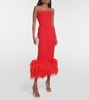 Feather-trimmed strapless crêpe midi dress