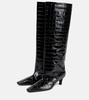 Croc-effect leather knee-high boots