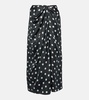 Polka-dot gathered satin midi skirt