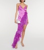 Feather-trimmed asymmetric gown