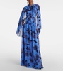 Tie-neck floral silk voile gown