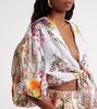 Floral tie-front linen crop top