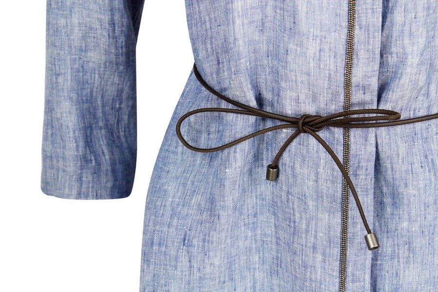 Long Linen Shirt With Leather Belt And Embellished With Brilliant Jewels Along The Buttoning