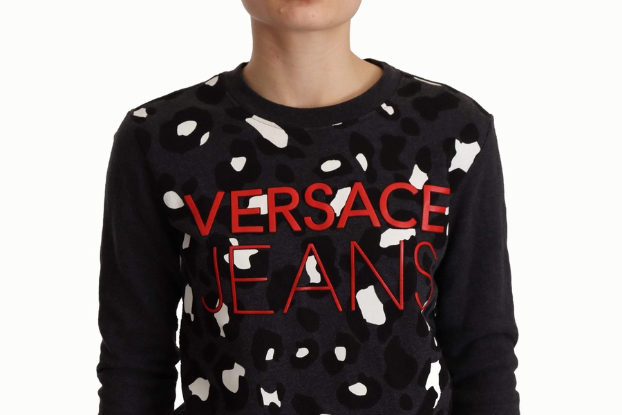 Versace Jeans Black Cotton Leopard Long Sleeves Pullover Sweater