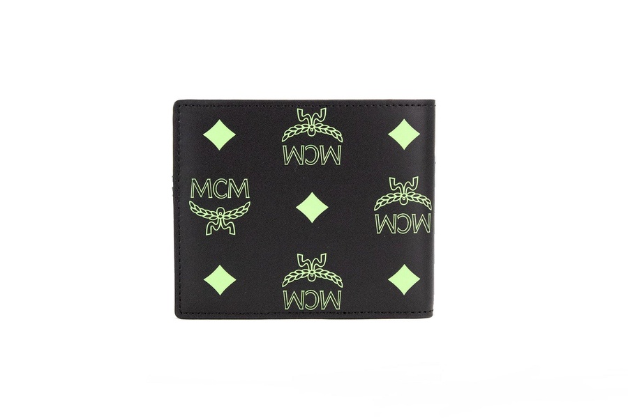 MCM Small Black Summer Green Smooth Visetos Monogram Logo Leather Bifold Wallet