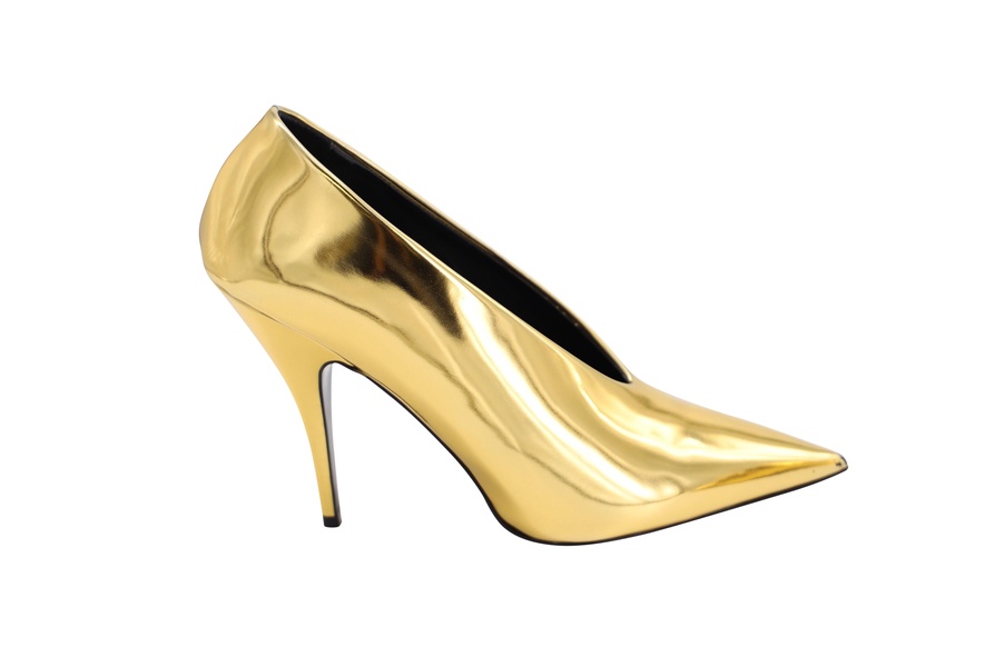 pointed toe pumps in gold faux patent leather