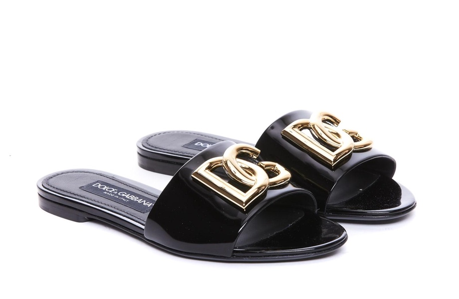 logo-plaque patent leather slides