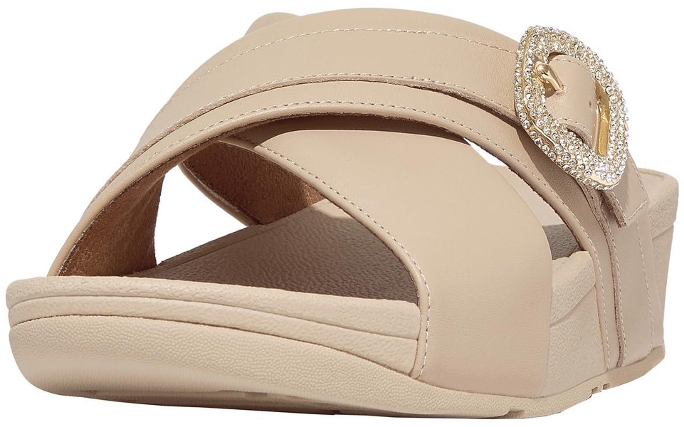 FitFlop Women's Lulu Crystal-Buckle Leather Cross Slides Wedge Sandal