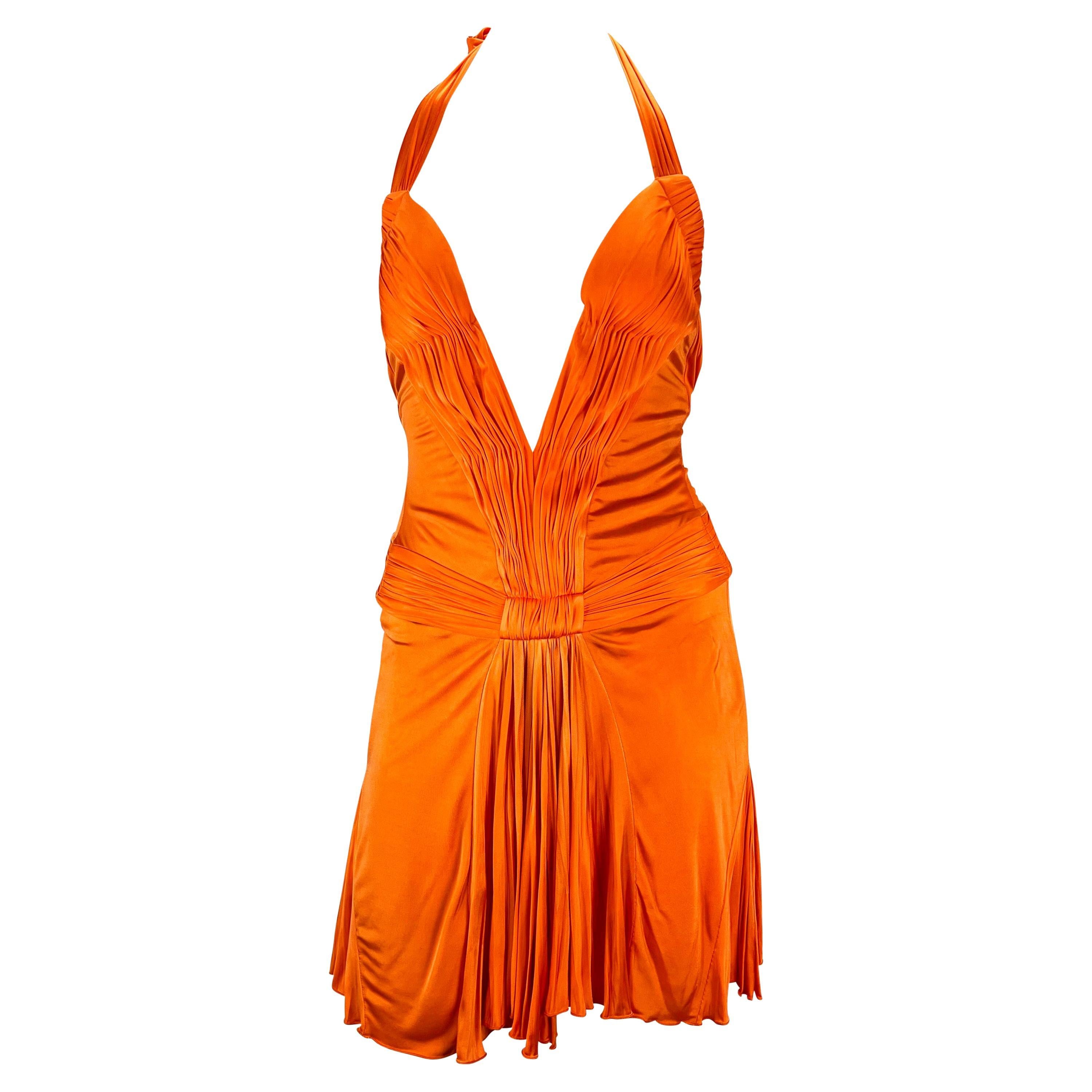 S/S 2005 Roberto Cavalli Plunging Orange Corseted Backless Viscose Mini Dress