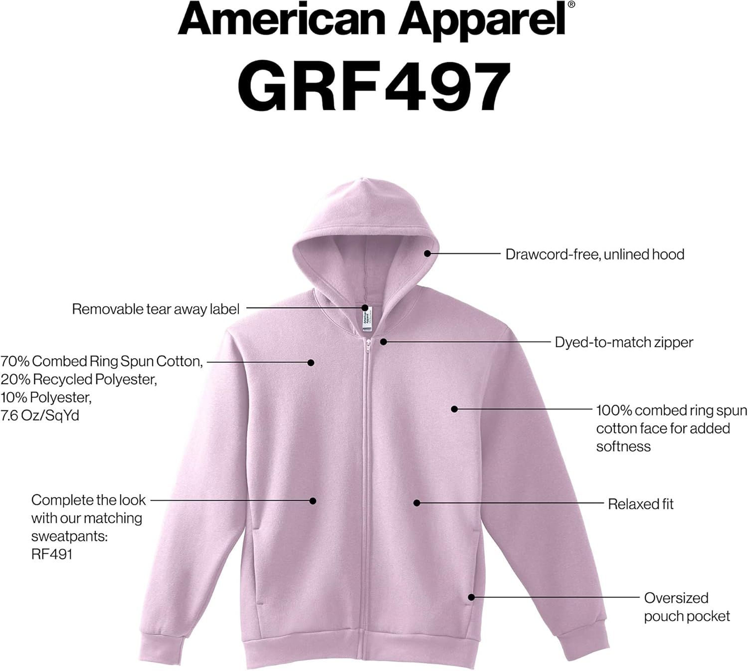 American Apparel Unisex ReFlex Fleece Full Zip Hoodie Sweatshirt, Style GRF497AA