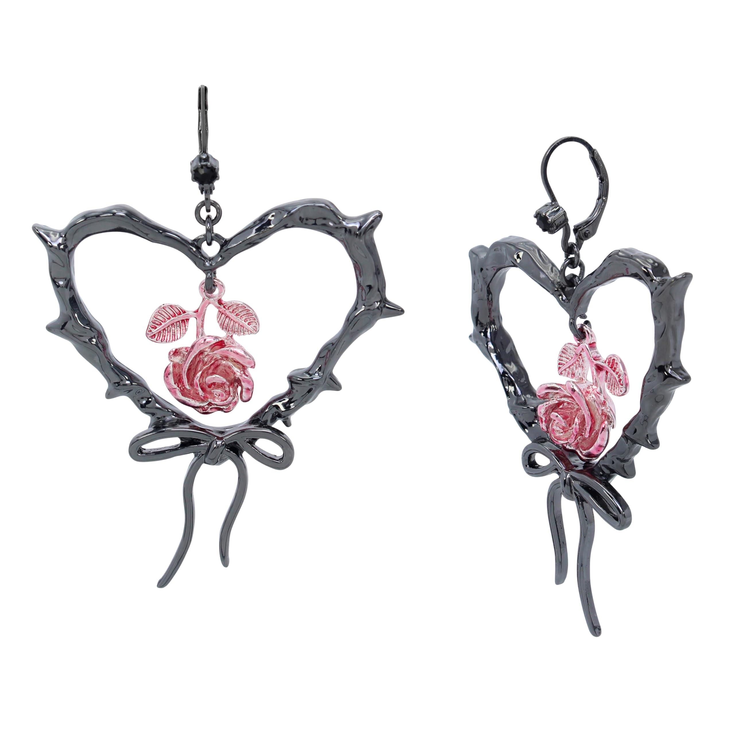 Betsey Johnson Womens Heart & Rose Drop Earrings