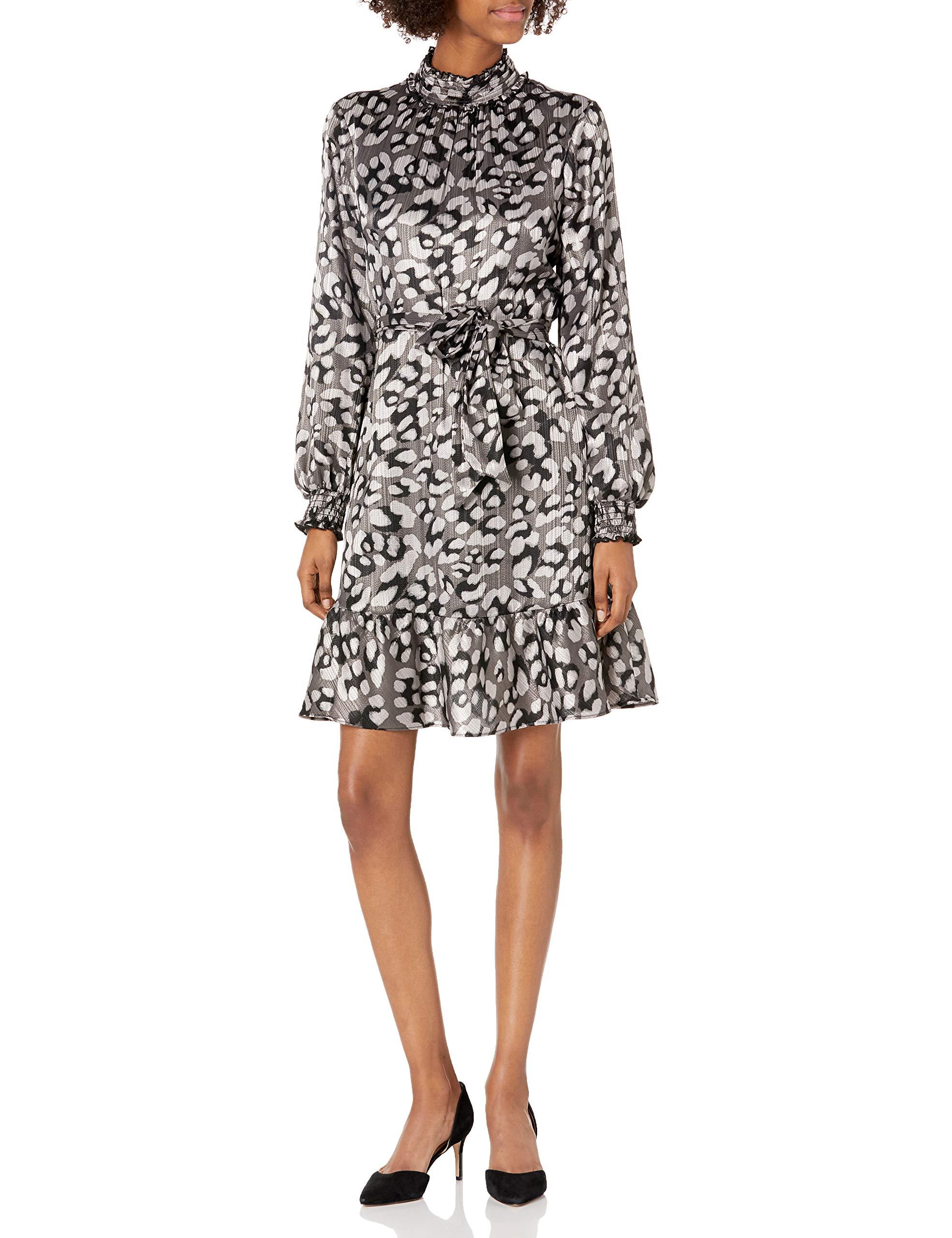 Karl Lagerfeld Paris Women's Printed Satin Mock Neck Flounce Dress