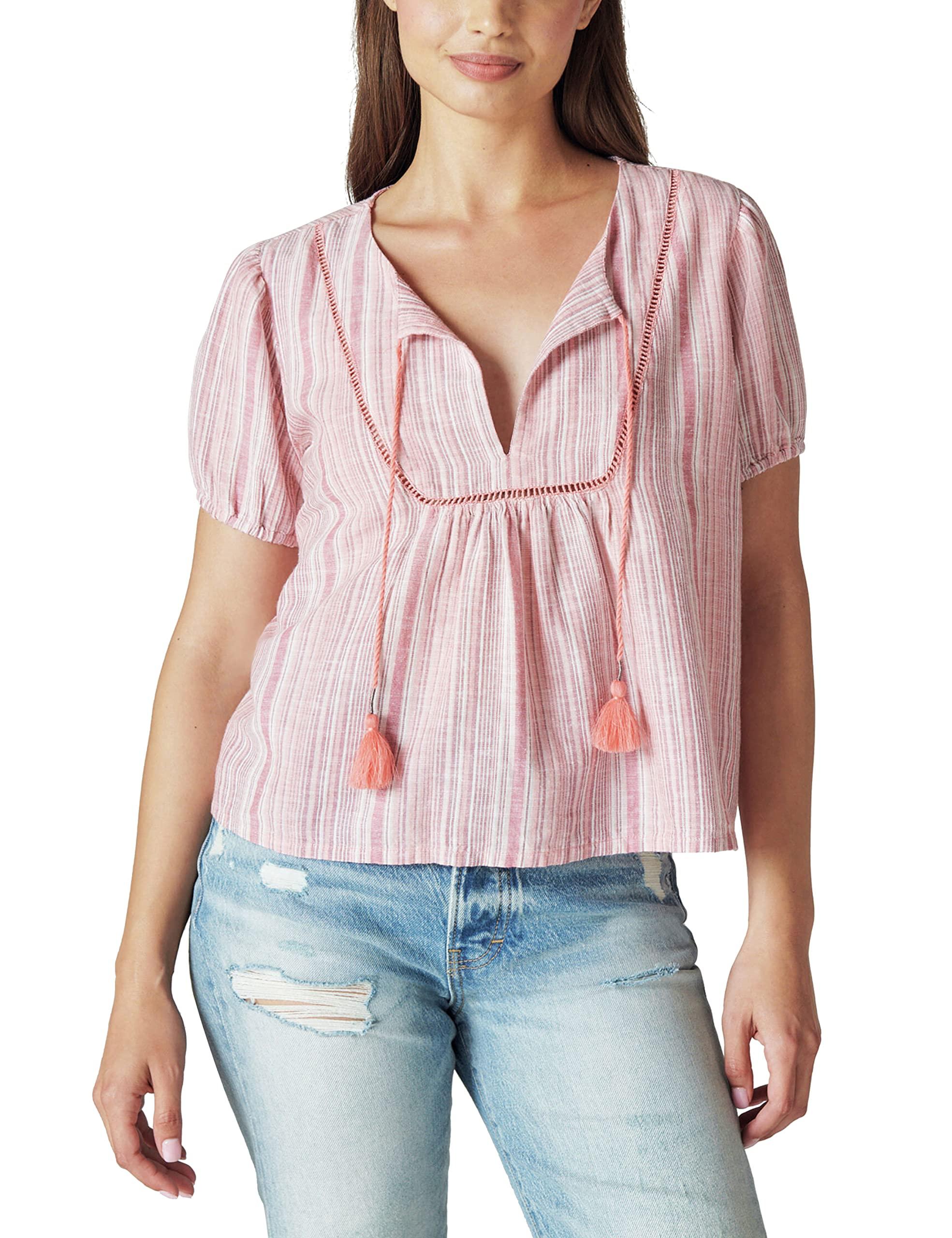 Lucky Brand Women's Open Neck Embroidered Peasant Blouse