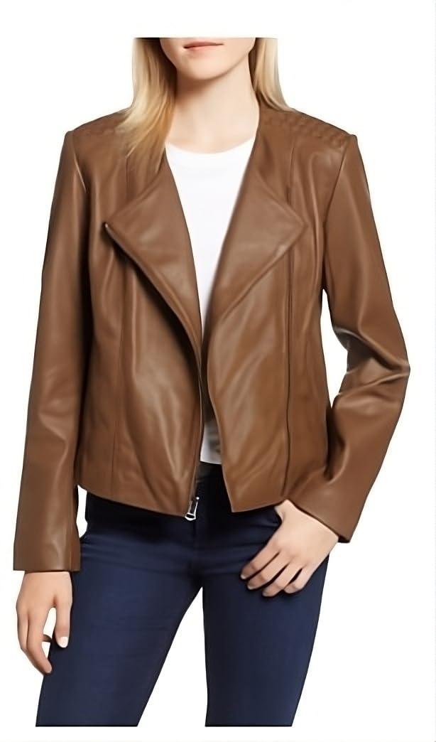 Cole Haan Women's Fully Lined Wing Collar Leather Coat