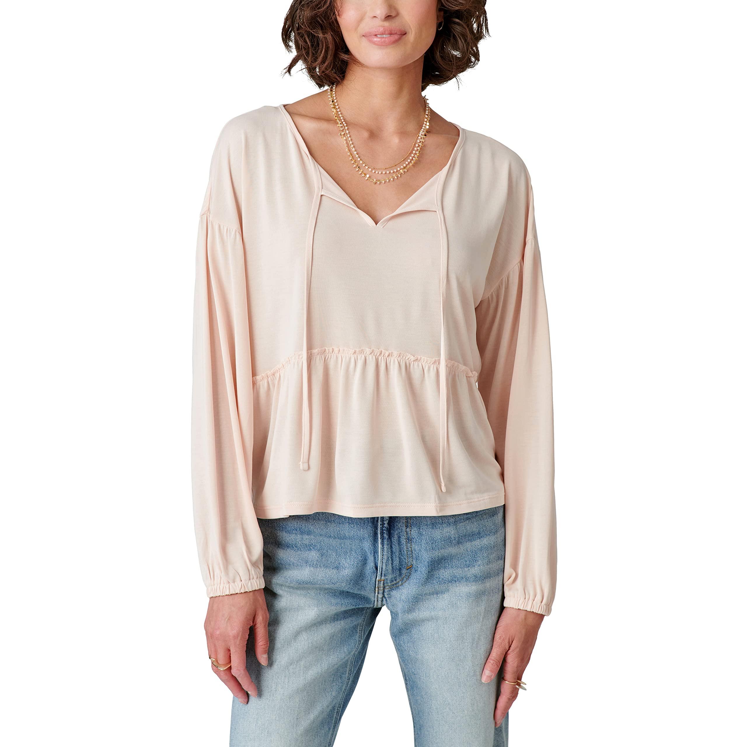 Lucky Brand Women's Long Sleeve Notch Neck Sandwash Top