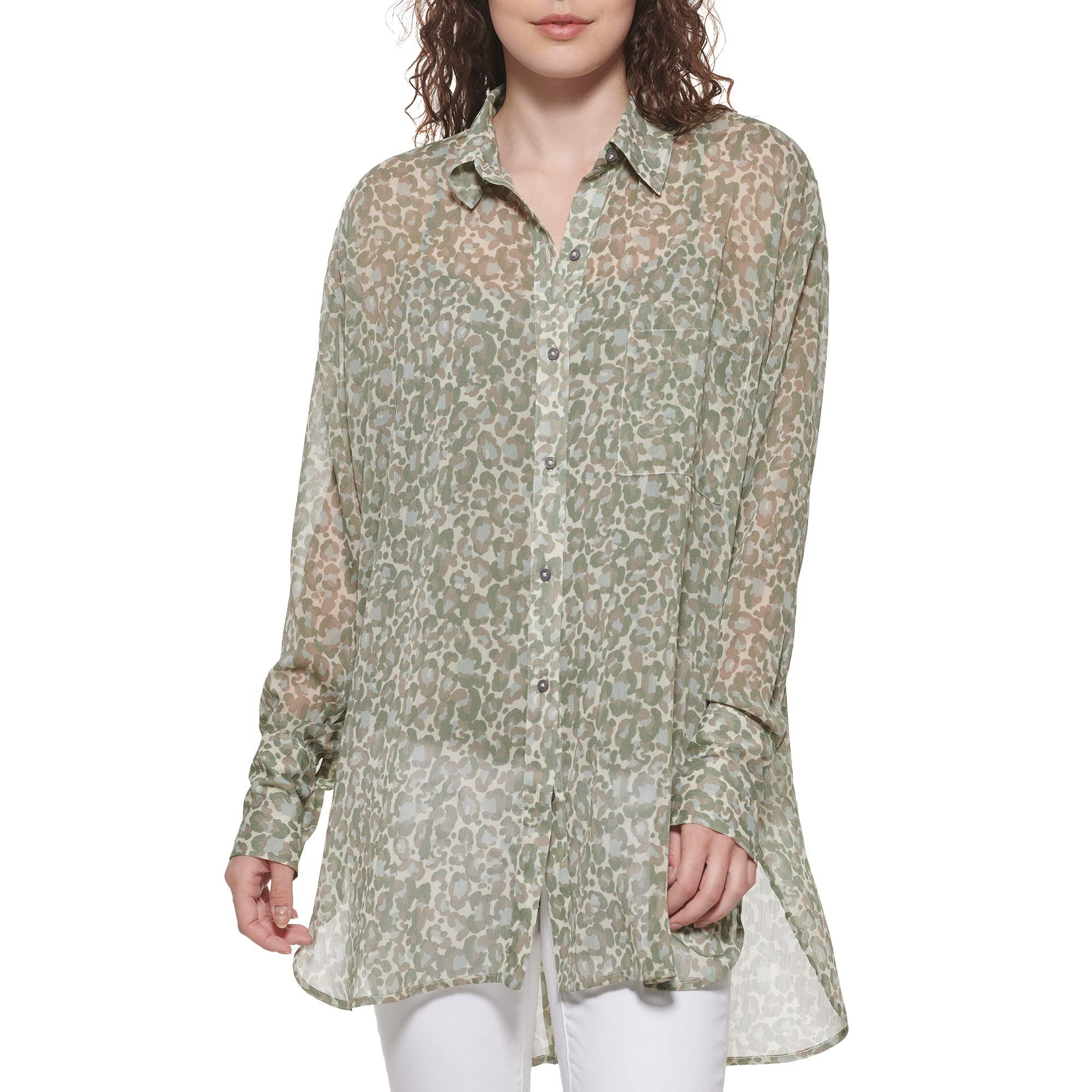 DKNY Women's Button-Down Sheer Printed Sportswear Top