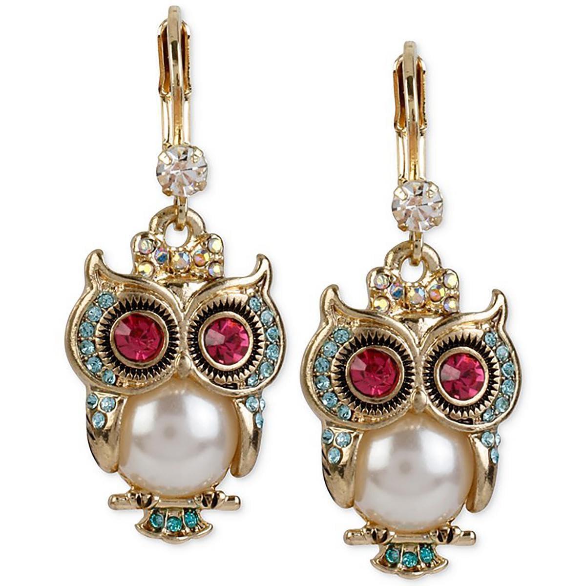 Betsey Johnson Pearl Critters Owl Drop Earrings