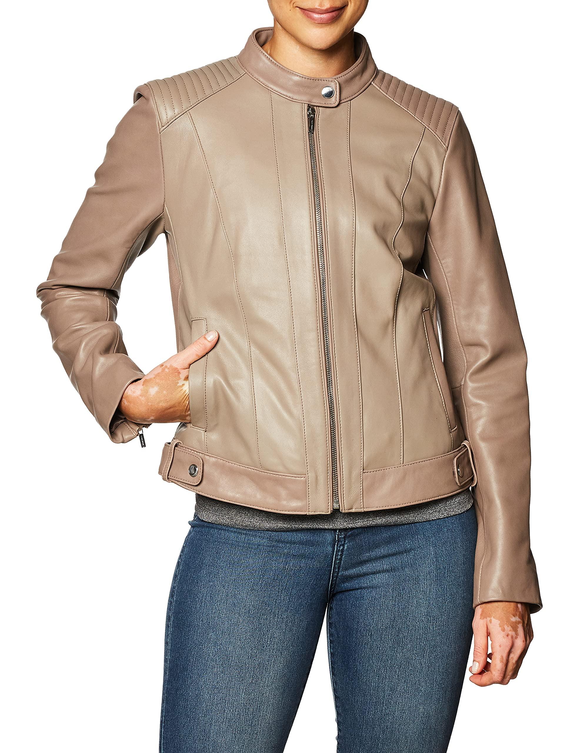 Cole Haan Women's Racer with Quilted Panels Leather Jacket