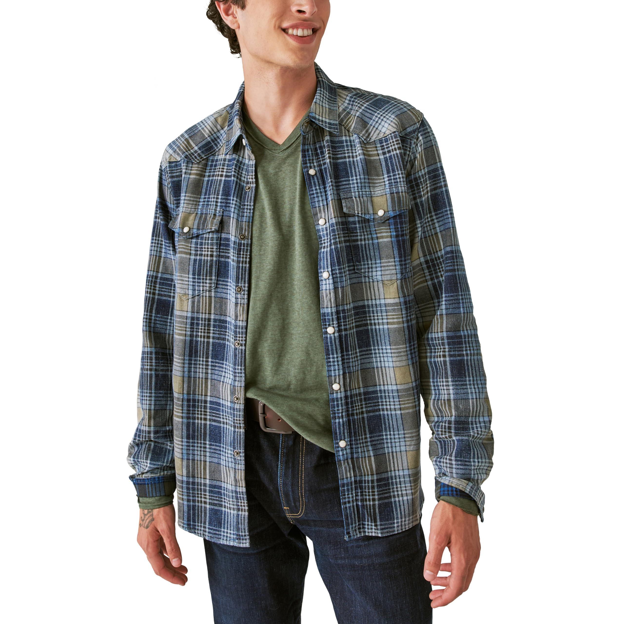 Lucky Brand Men's Indigo Plaid Western Long Sleeve Shirt