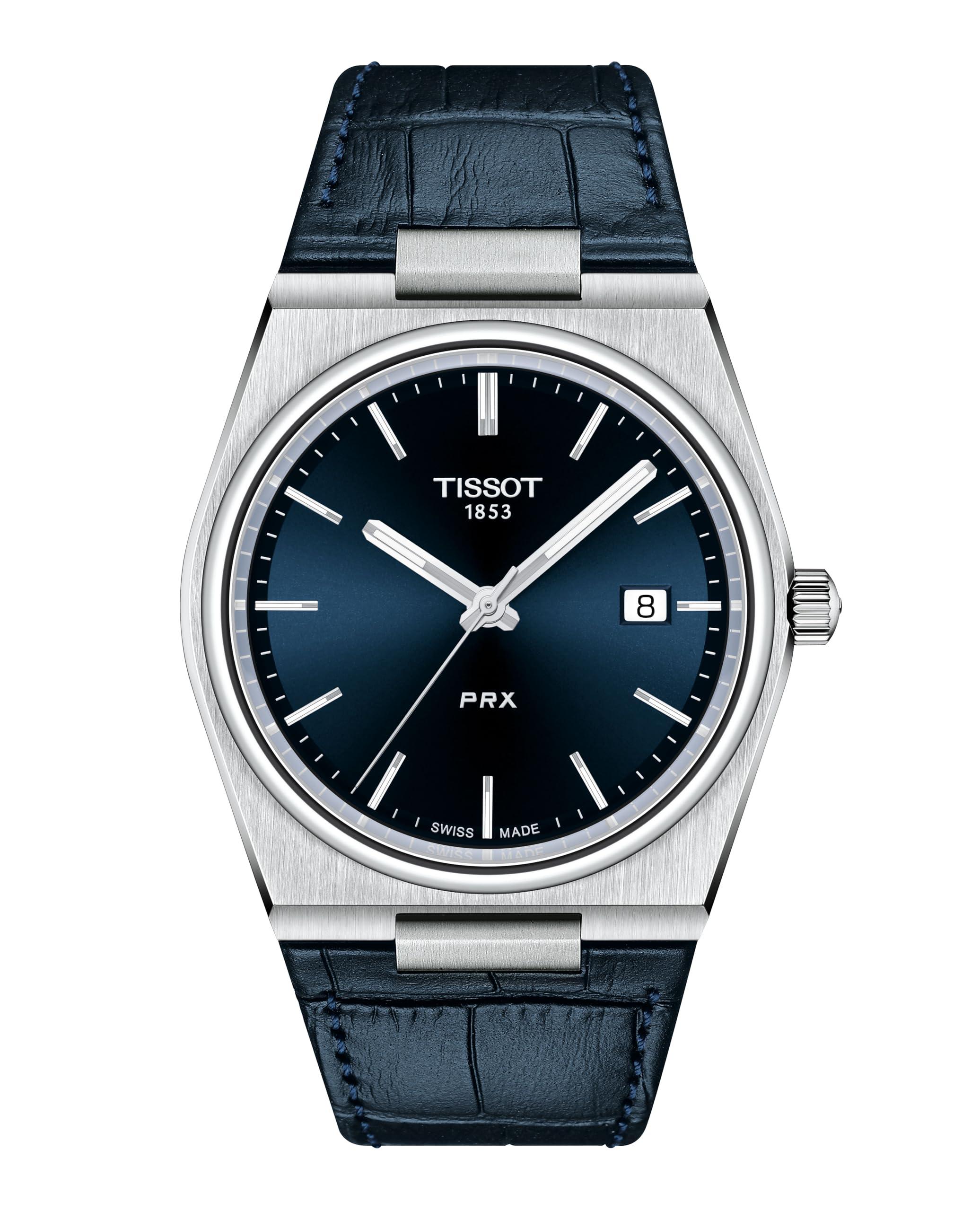 Tissot Mens PRX 316L Stainless Steel case Quartz Watch, Blue, Leather, 12 (T1374101604100)