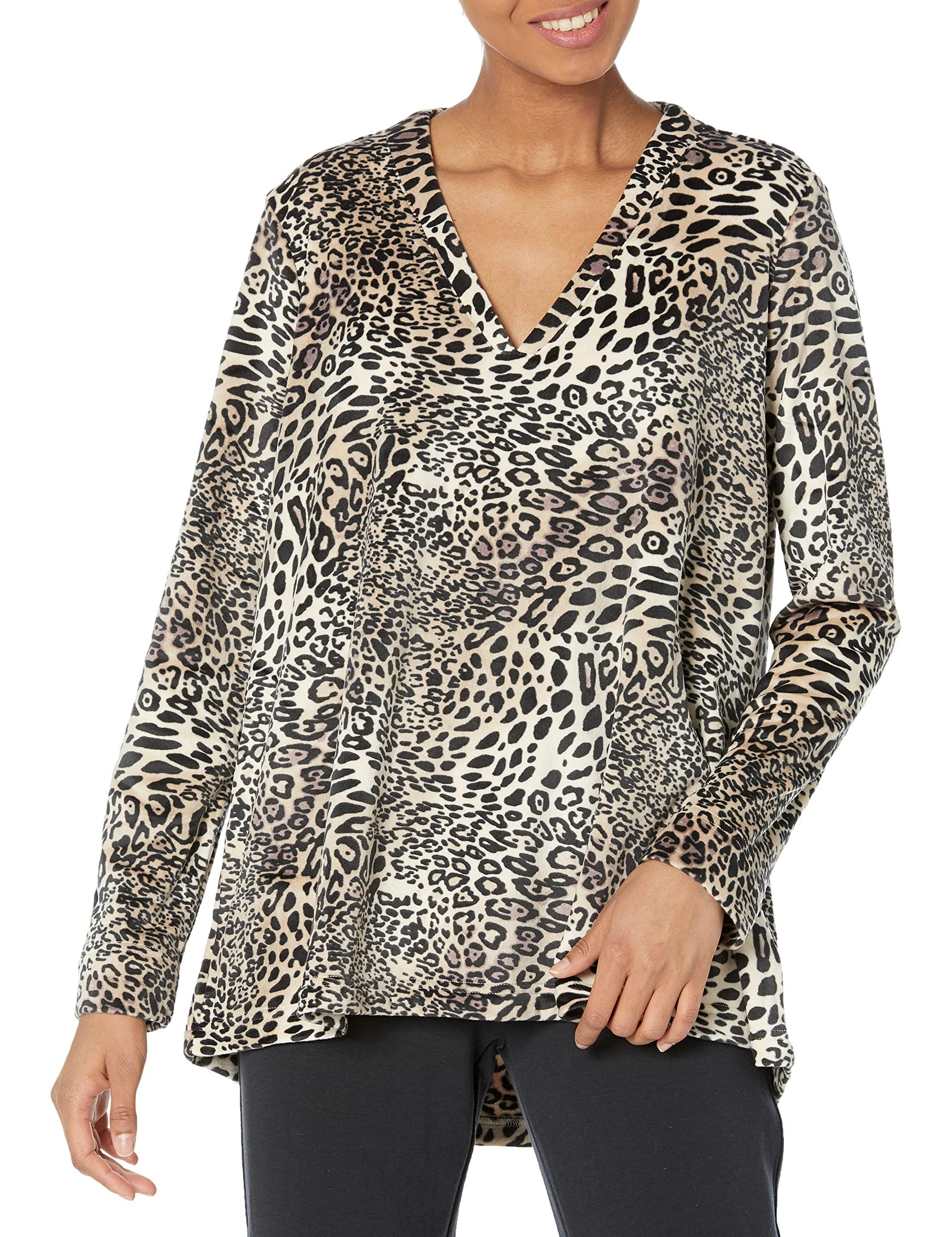 N Natori Women's Panther-Printed Velour L/S Top Length 30"