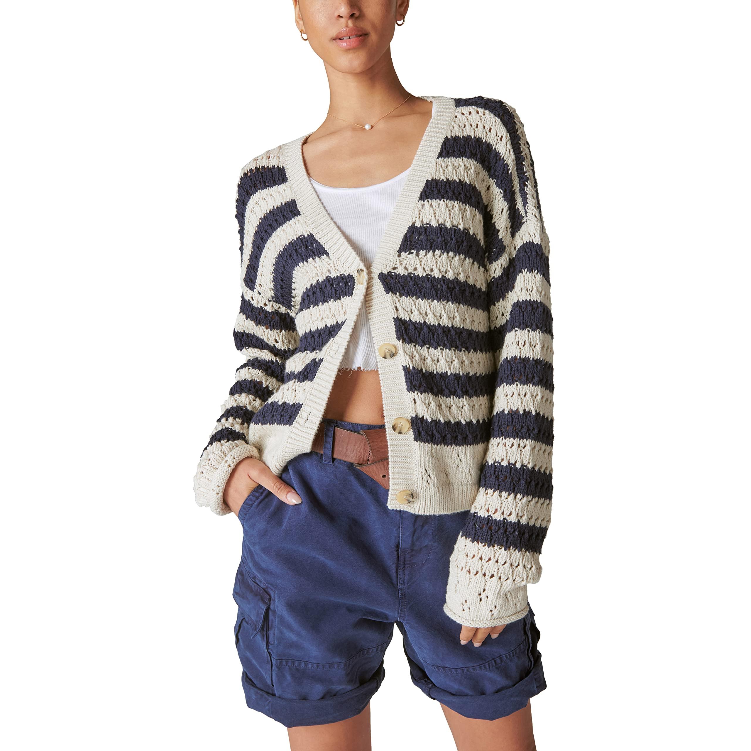 Lucky Brand Women's Button Front Knit Cardigan, Straw Heather Multi, Large