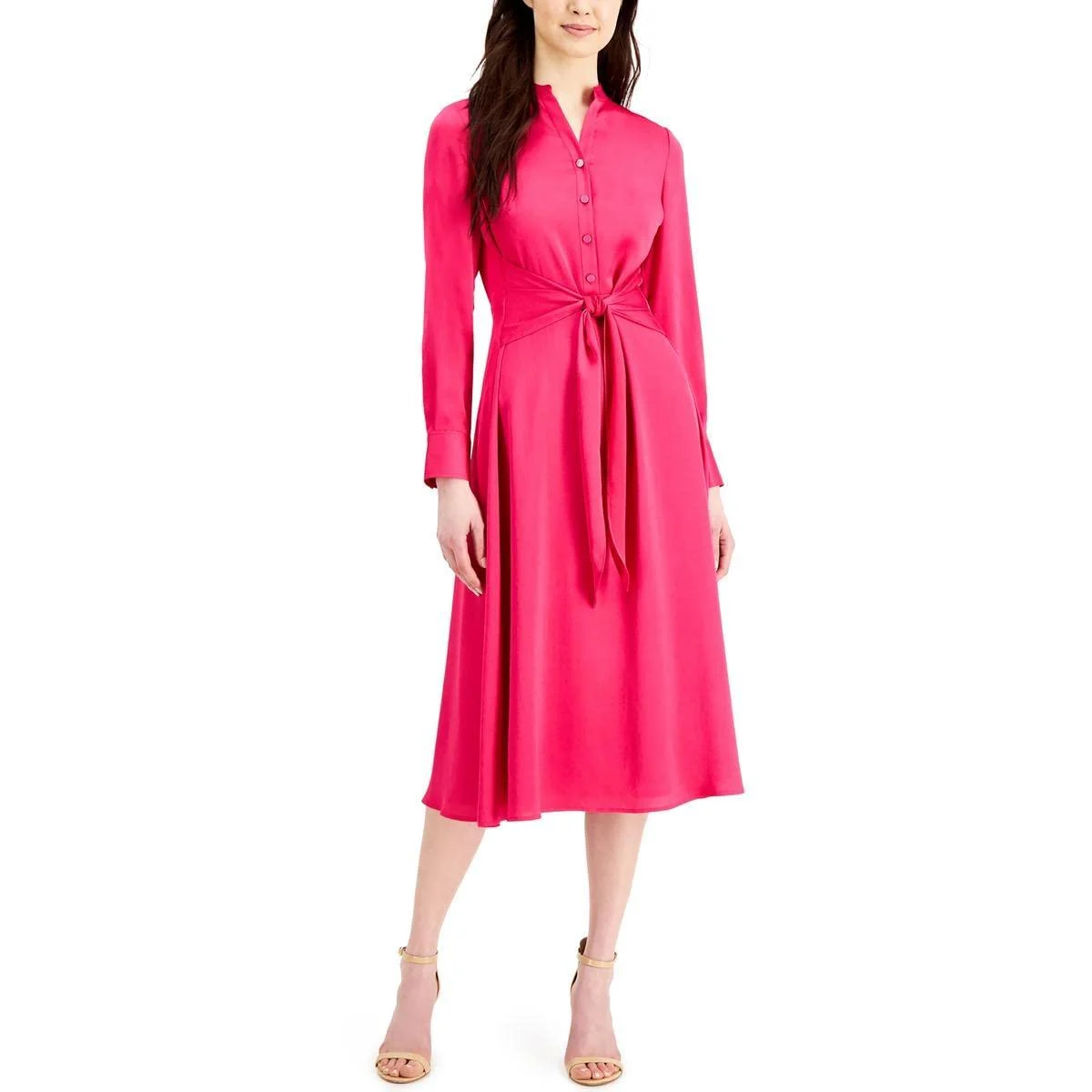 Anne Klein Women's Long Sleeve Shirt Dress with Tie Waist