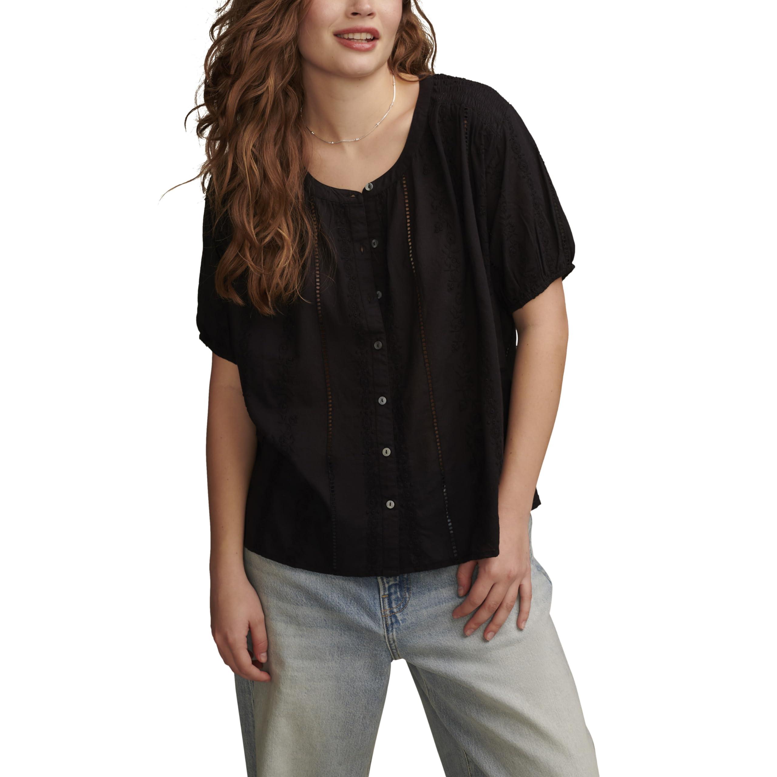 Lucky Brand Women's Solid Smocked Shoulder Blouse