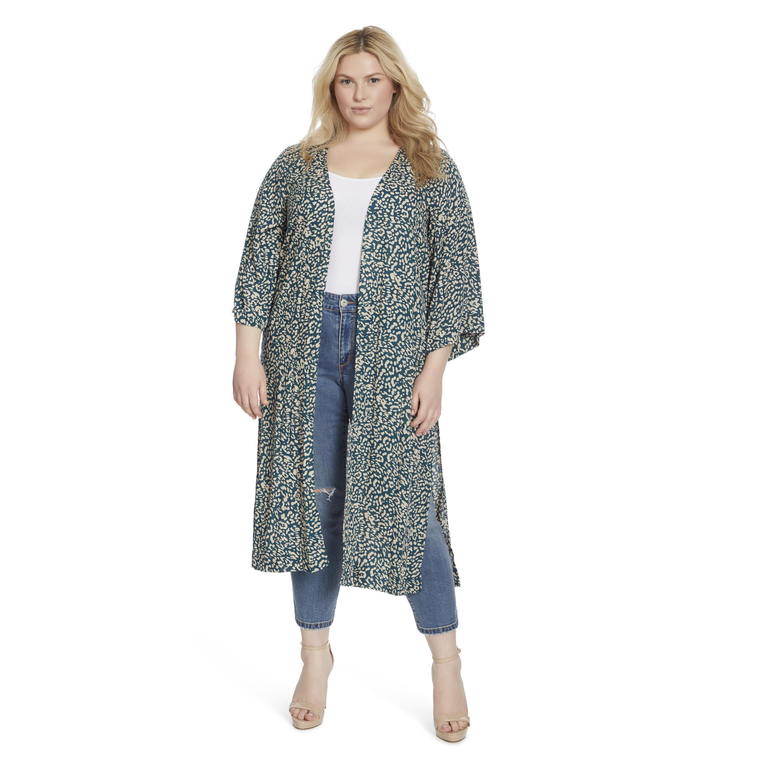 Jessica Simpson Women's Blakely 3/4 Sleeve Open Front Wispy Kimono with Side Slits Plus Size