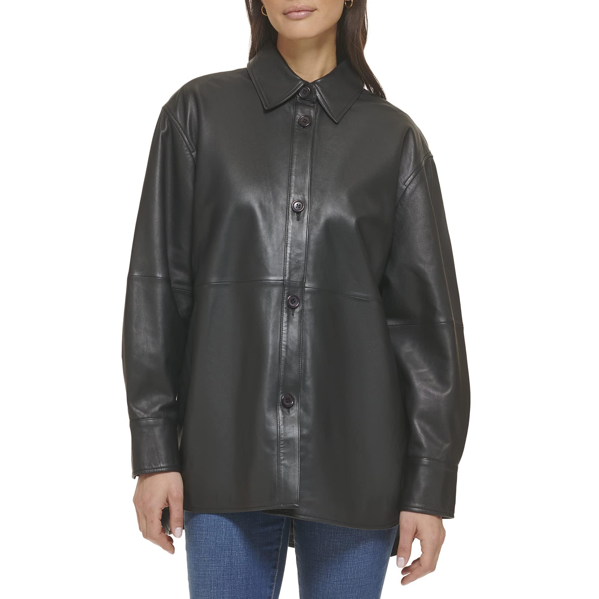 Cole Haan Women's Shirt Collar Button Up Leather Coat