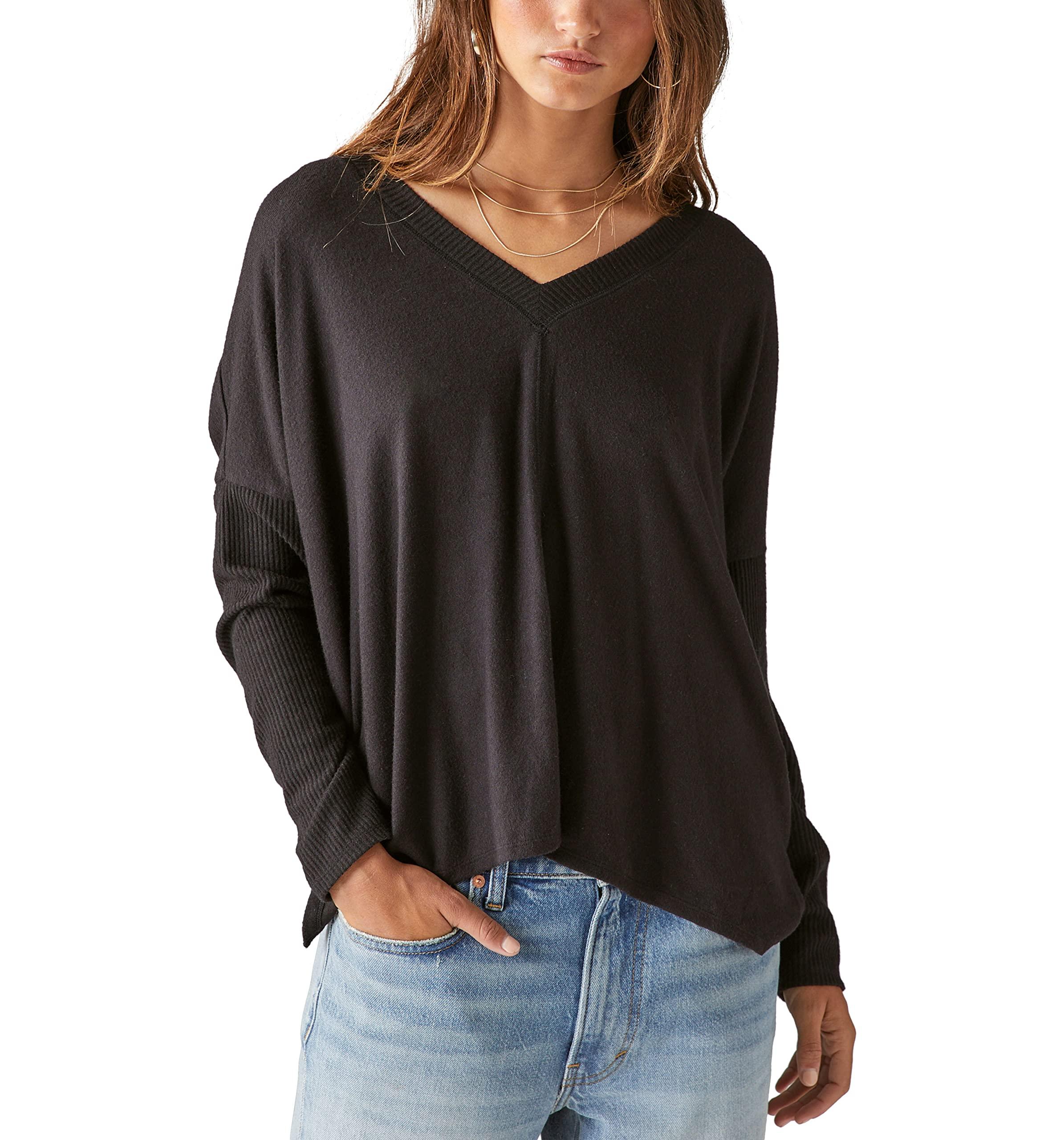 Lucky Brand Women's Cloud Jersey Deep V Ruched Top