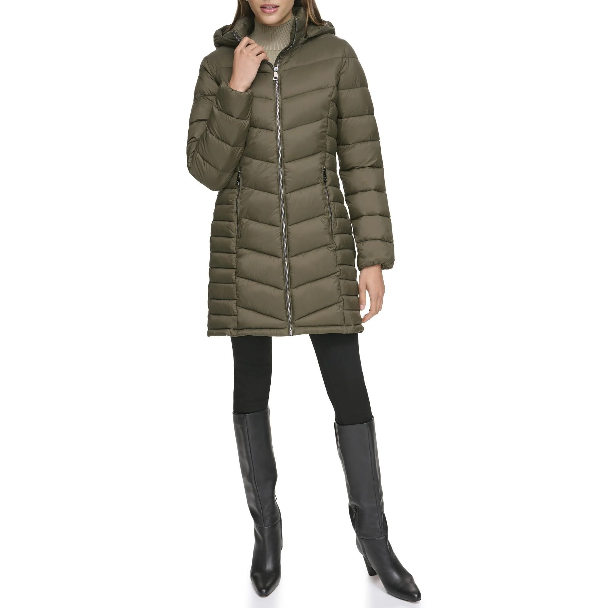 DKNY Womens Long Quilted Puffer Jacket