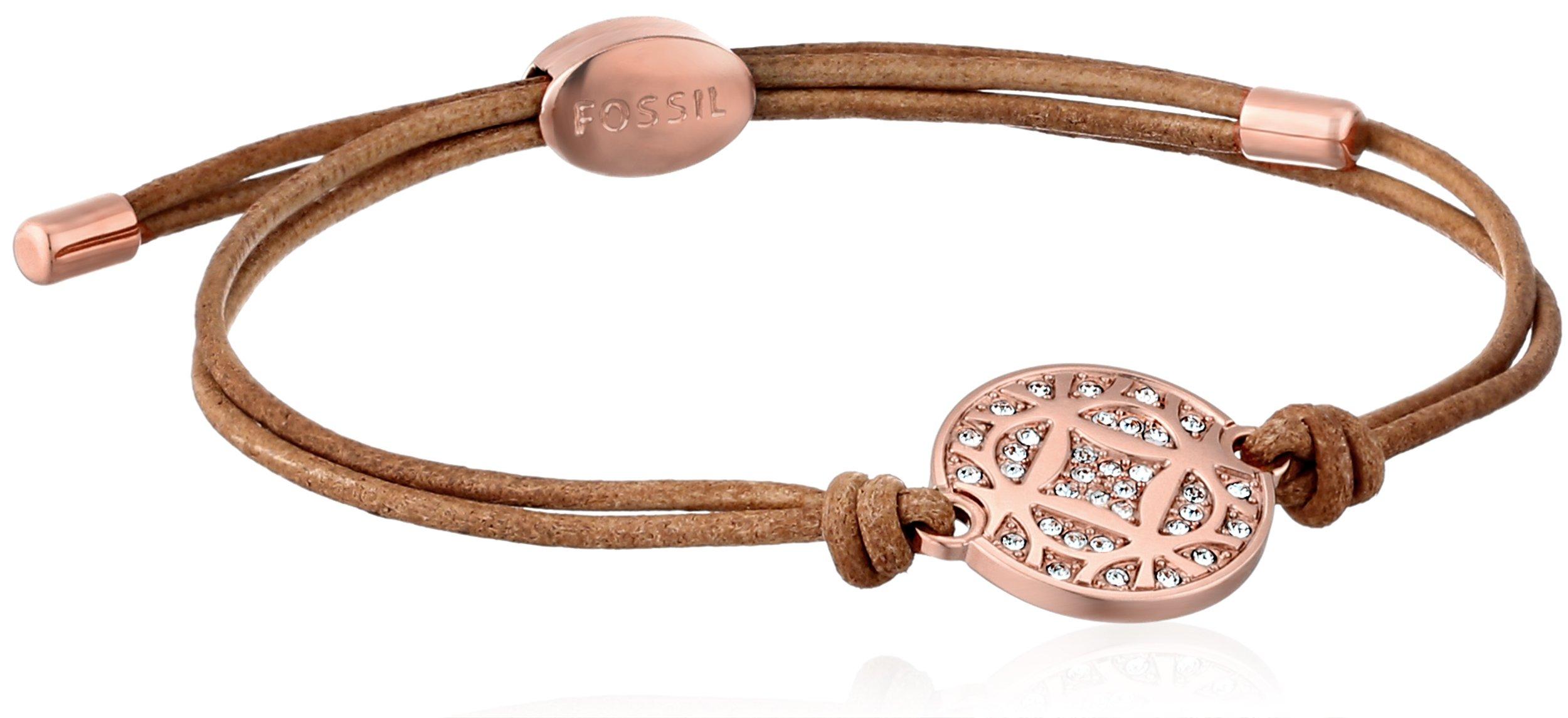 Fossil Signature Pave Leather Wrist Rose Gold Tone and Nude Wrap Bracelet