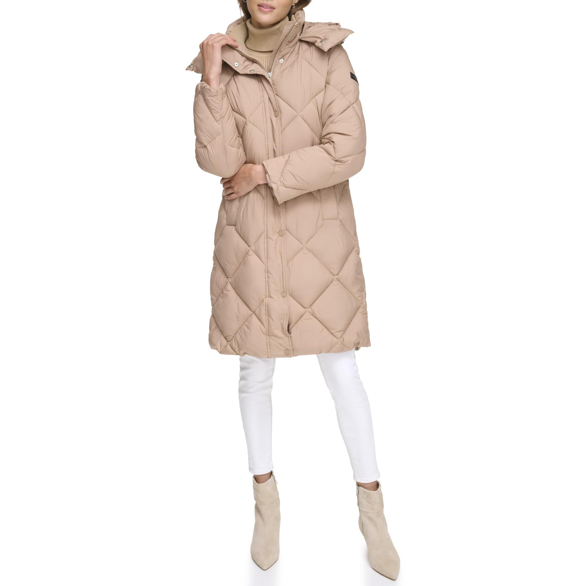 DKNY Womens Diamond Quilted Long Puffer Coat