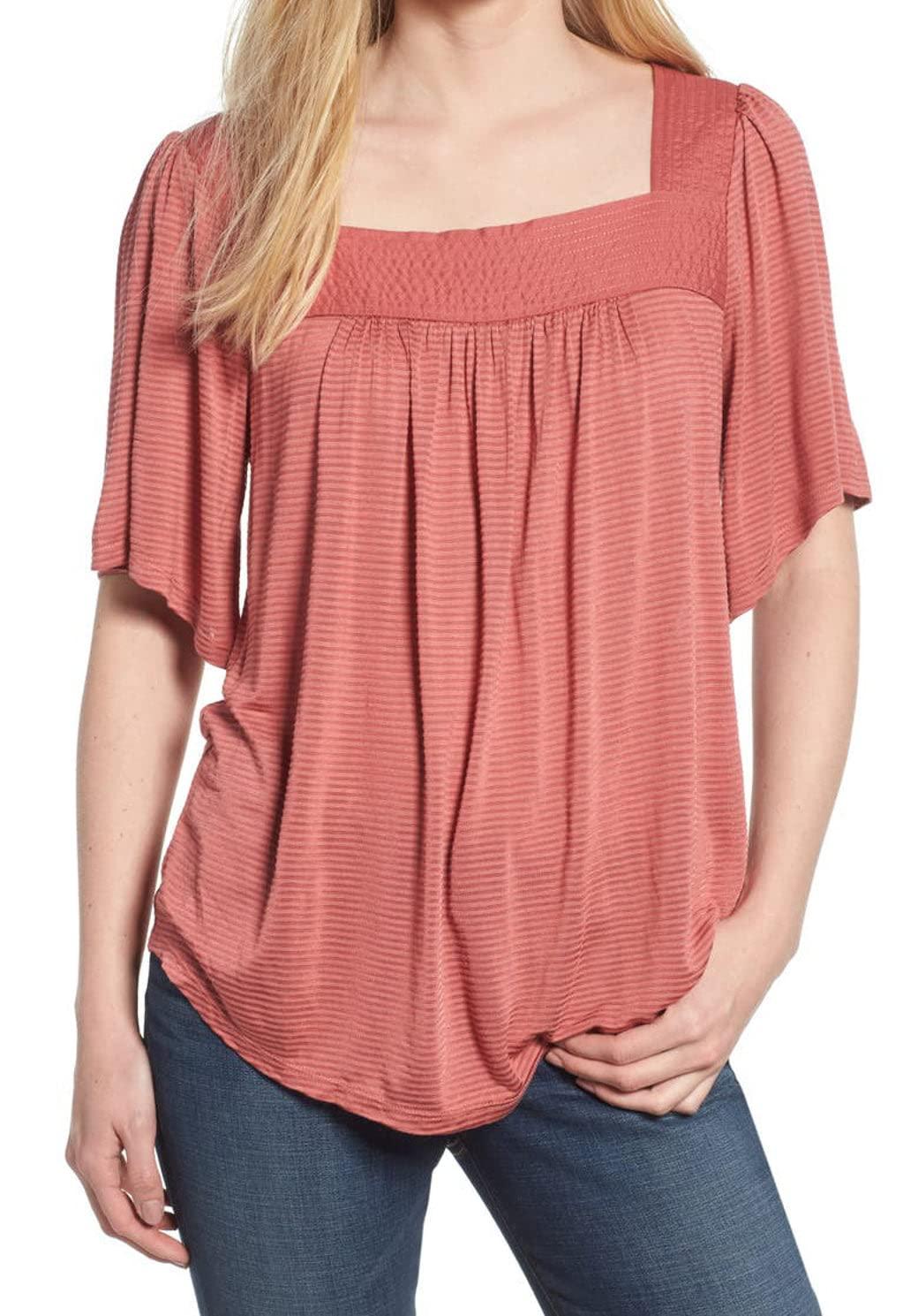 Lucky Brand Women's Shadow Stripe Solid Peasant Top