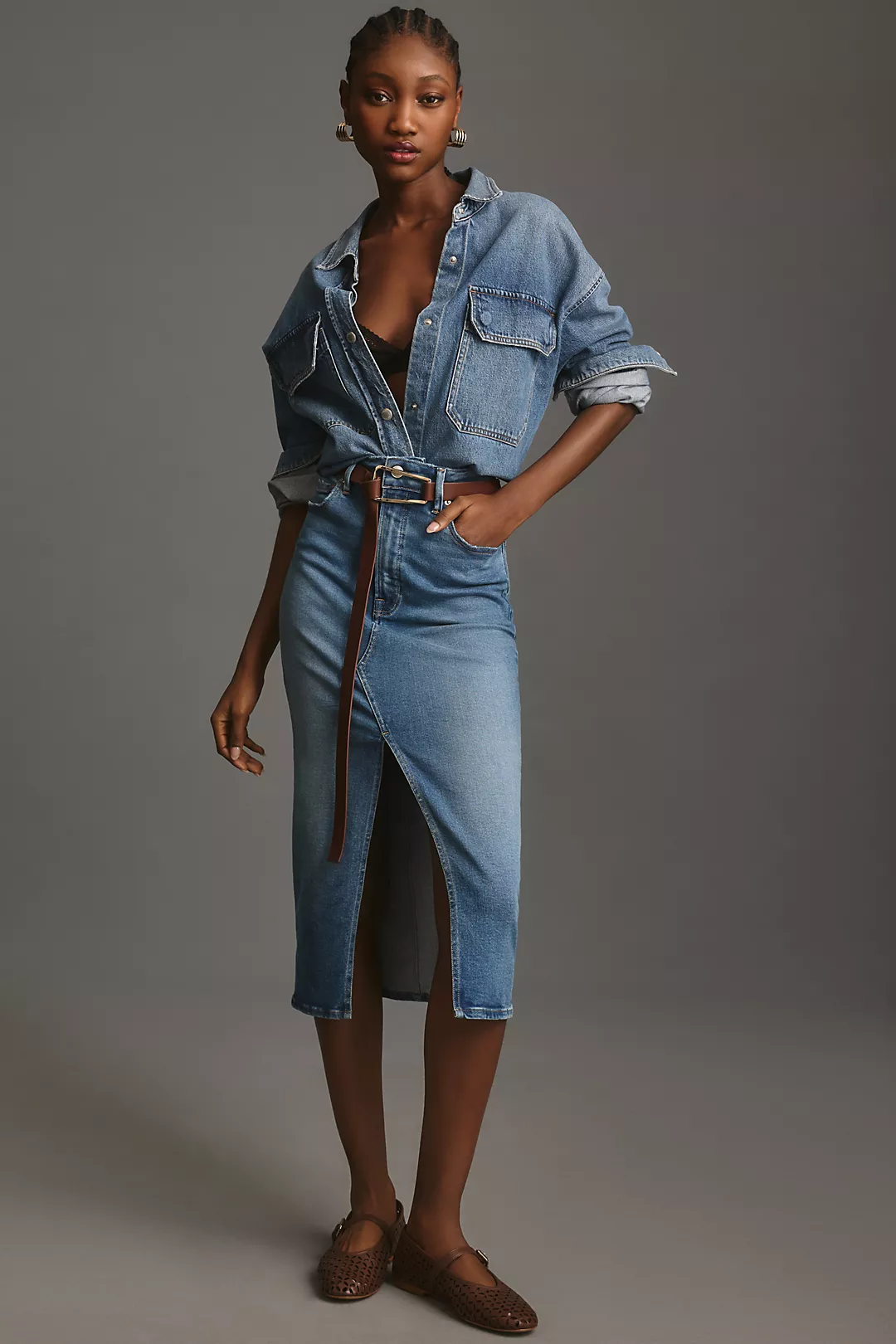 Good American Front-Slit Denim Midi Skirt