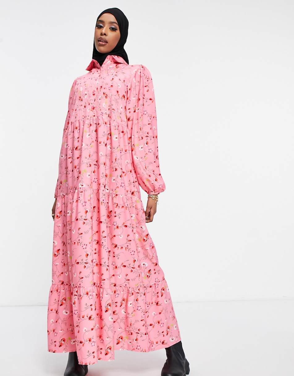 ASOS DESIGN maxi shirt dress with pin tucks in flirty floral print