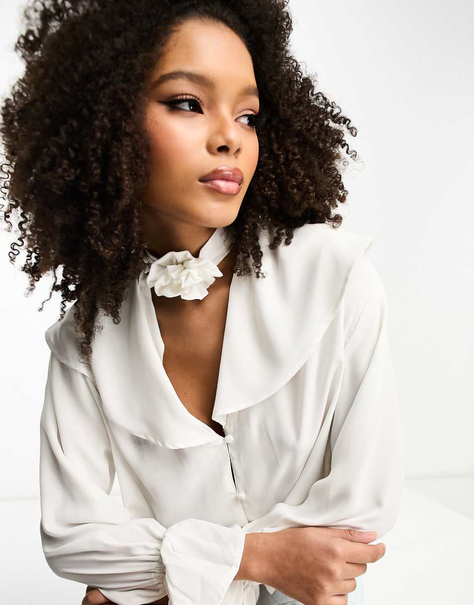 ASOS DESIGN blouse with ruffle corsage collar in cream