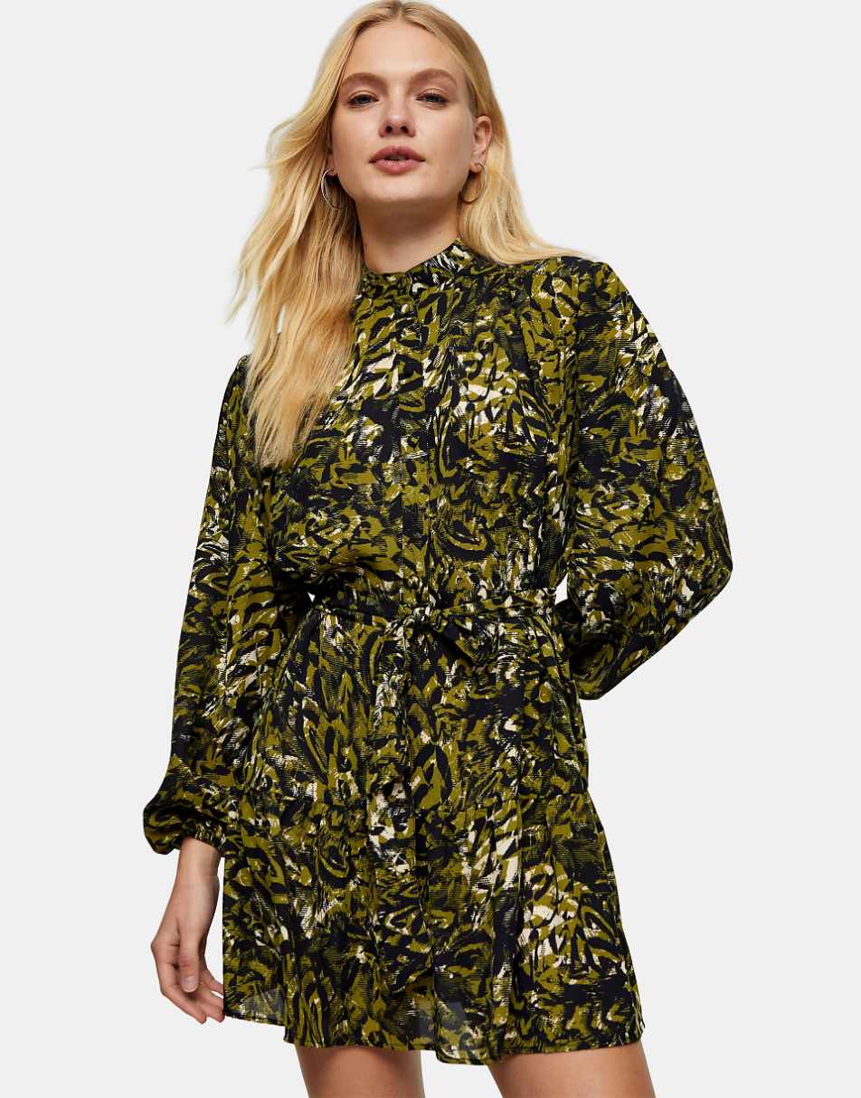 Topshop frill detail mini shirt dress in green leopard print