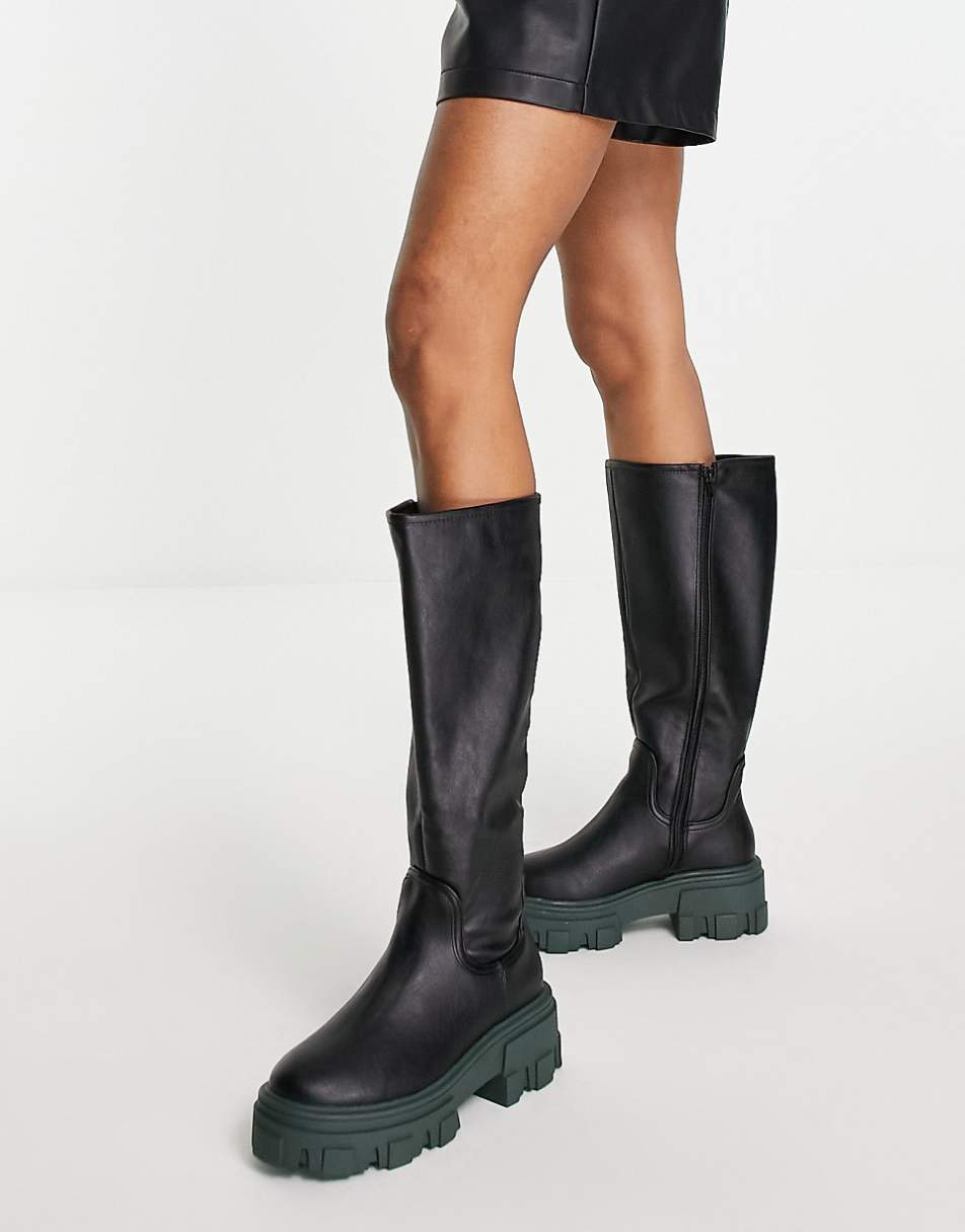 ASOS DESIGN Carla chunky flat knee boots in black with green sole