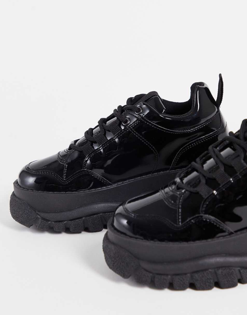 ASOS DESIGN Defy chunky flatform sneakers in black patent