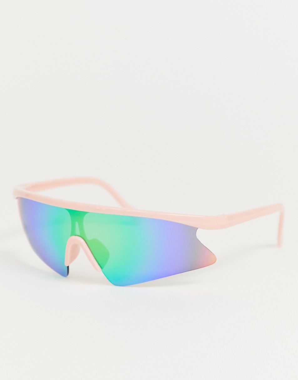 ASOS DESIGN pink wrap half frame visor sunglasses with blue flash lens