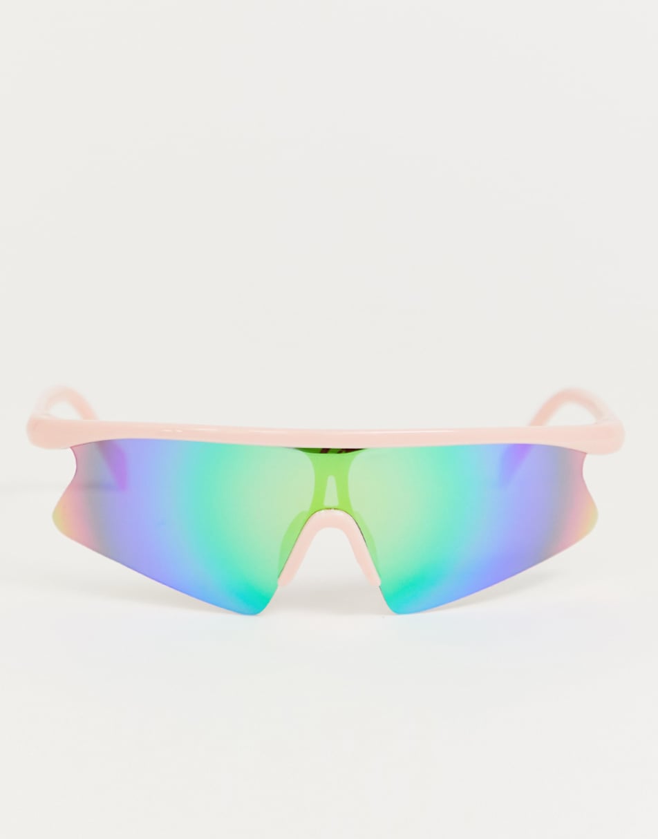 ASOS DESIGN pink wrap half frame visor sunglasses with blue flash lens