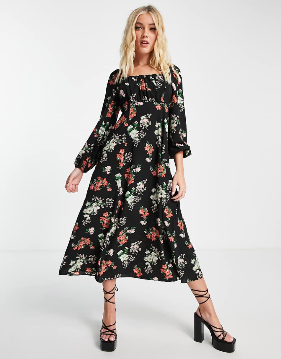 ASOS DESIGN square ruched neck midi dress in black floral print