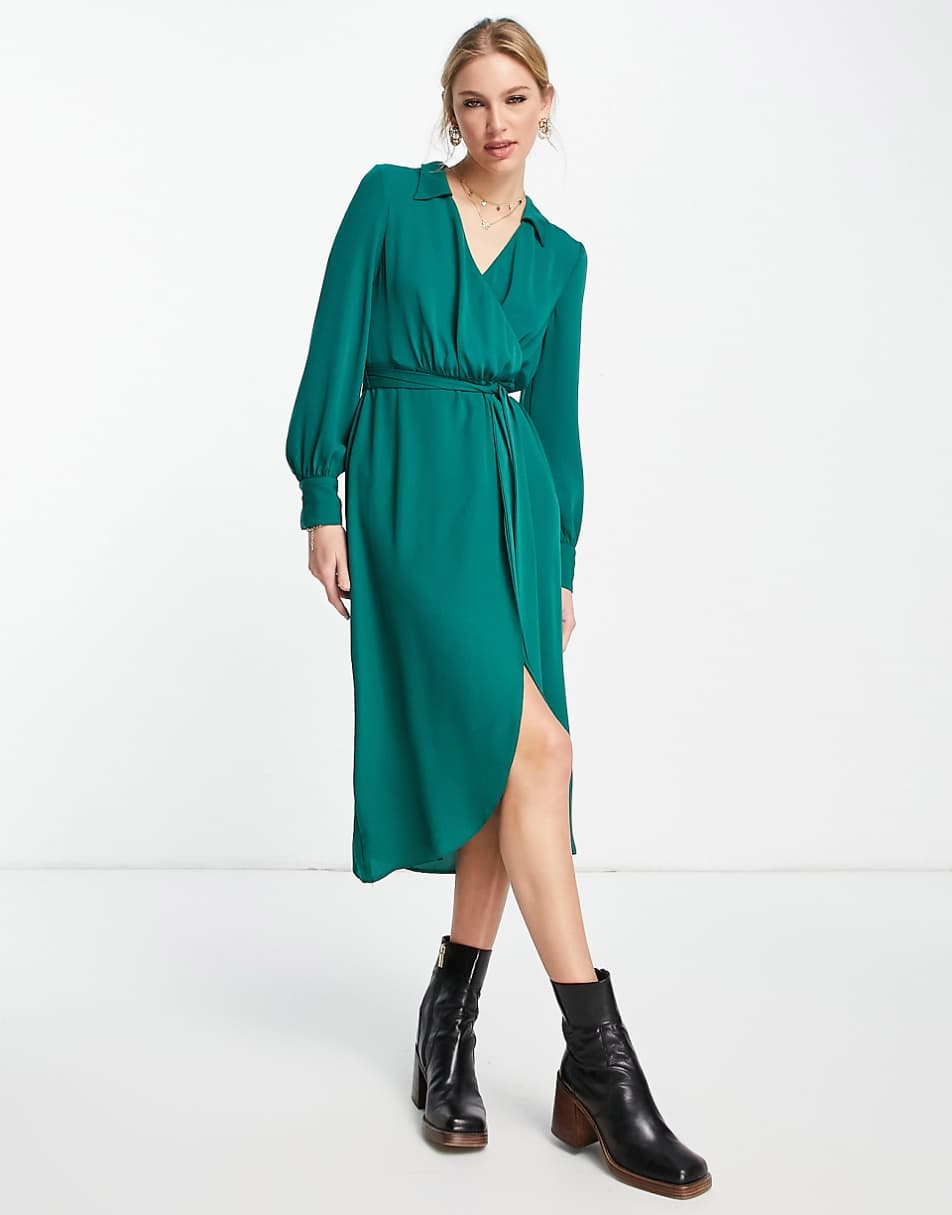 ASOS DESIGN collared wrap midi dress with tie belt in forest green