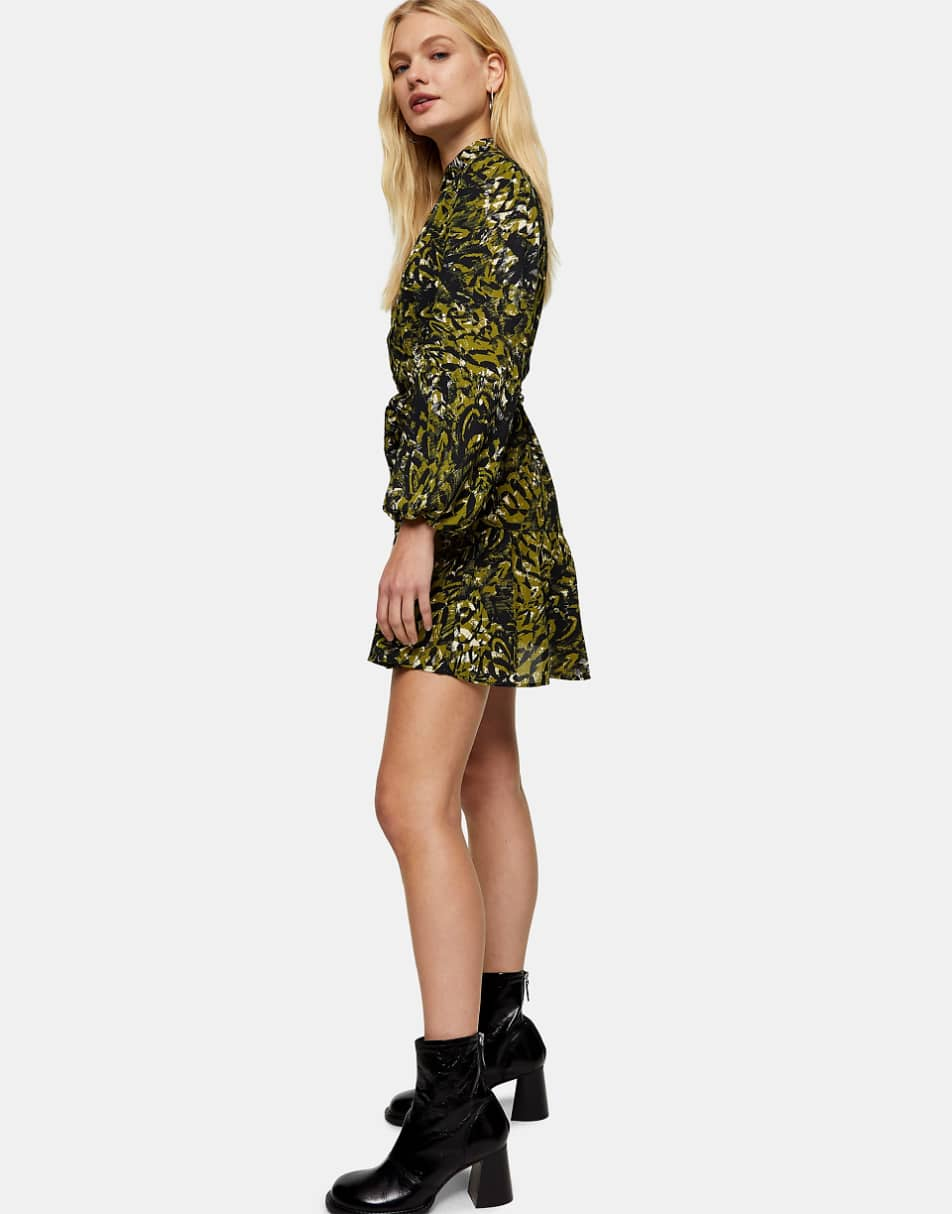 Topshop frill detail mini shirt dress in green leopard print